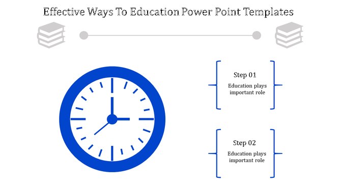 Educational PowerPoint template featuring a clock and two steps explaining the importance of education.