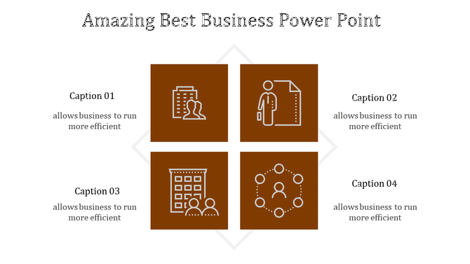Creative business infographic slide with four icons, depicting a building, business professional, group, and network.