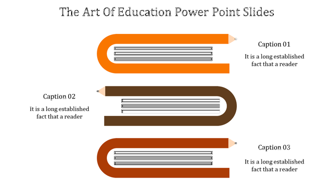 Education PowerPoint slides featuring stacked books designed like pencils in orange, brown, and red with captions.