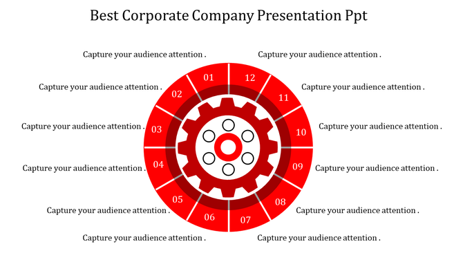 Corporate PowerPoint presentation template with a central red gear graphic and 12 surrounding sections for content.