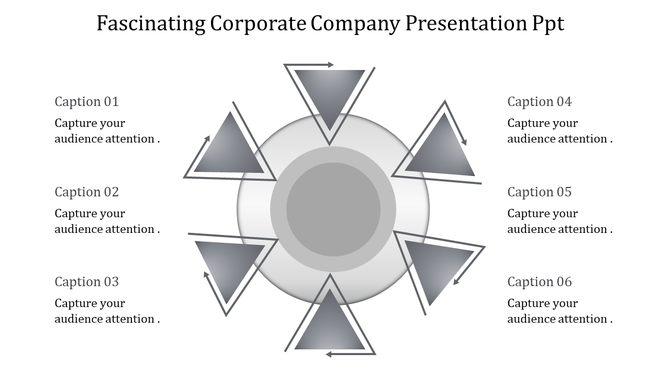 Corporate company slide with a central circle surrounded by six gray triangles with  arrows and placeholder text areas.