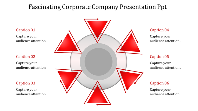 Circular diagram for corporate presentations with six red arrows and captions to capture attention.