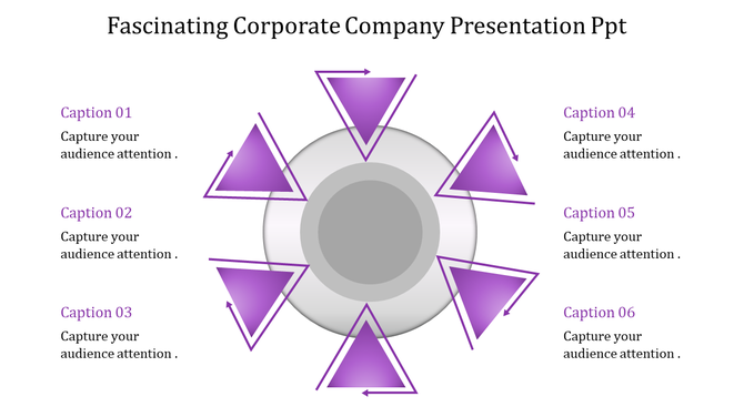 Fascinating corporate company presentation template featuring six purple arrows pointing outward with captions.