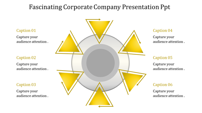 Fascinating corporate company presentation template with six yellow arrows pointing outward with captions.