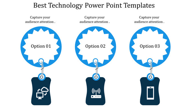 Slide layout with three options displayed in blue circular elements linked to tags representing technology-related symbols.