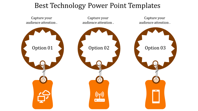 Options layout featuring circular badges with orange tags below, illustrating cloud, connectivity, and mobile technology.