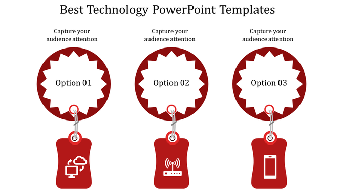 Technology PowerPoint template shows three options with icons for cloud computing, Wi-Fi, and a smartphone.