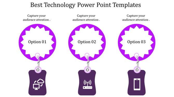 Horizontal layout featuring three jagged purple circles labeled with options and connected to technology icons below.
