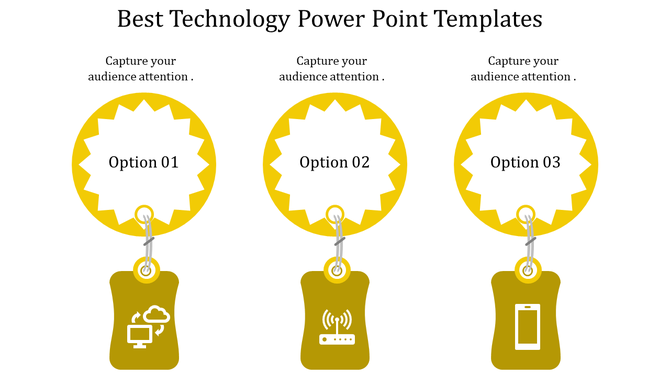 Technology PowerPoint template featuring three colored options with icons for cloud, Wi-Fi, and smartphone.