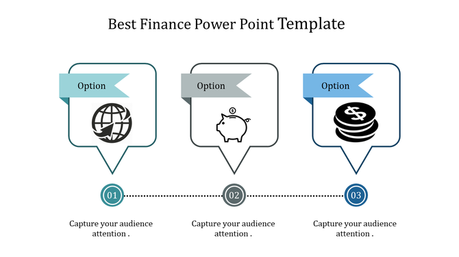 Finance PowerPoint template with three options for finance related icons, including globe, piggy bank, and dollar stack.