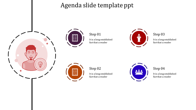 Agenda template with a red circular profile icon on the left and four color-coded steps arranged on the right.