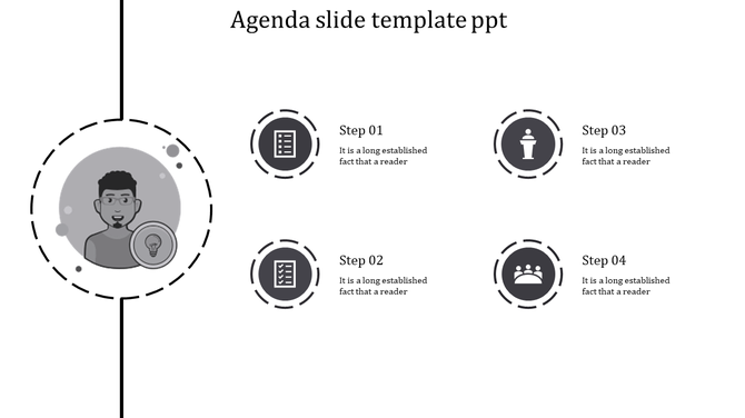 Gray agenda PPT slide with a person icon and four numbered steps with various related icons and placeholder text.