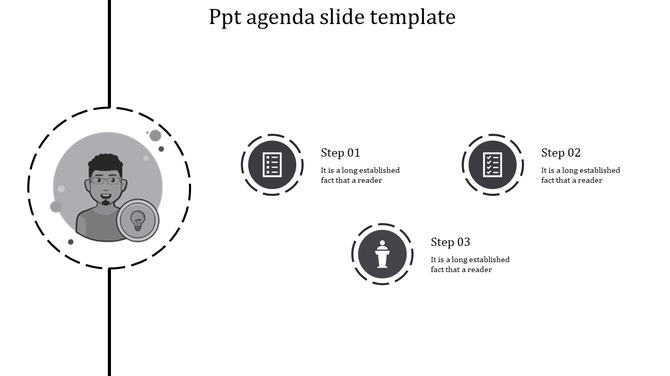 Gray themed agenda slide with a large profile icon on the left and three circular icons labeled with steps on the right.