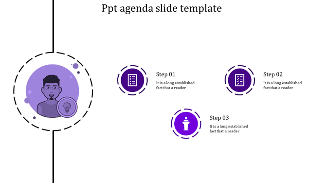 Simple agenda layout in purple tones with a profile image on the left and three steps depicted using circular icons.