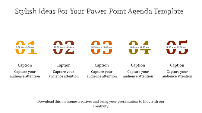 Numbered agenda items from 01 to 05 in varying colors with captions below, arranged in a row on a white background.