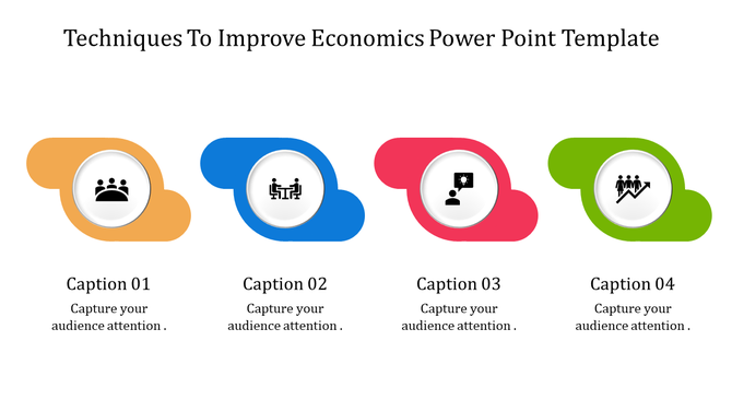 Horizontal layout with four rounded icons in orange, blue, red, and green, symbolizing economic improvement techniques.