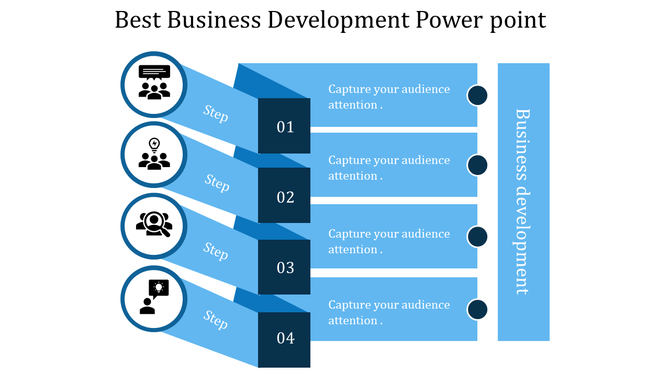 Business Development PowerPoint template showing four steps with icons and arrows to guide the process.
