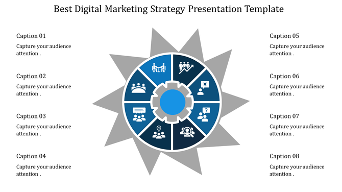 Marketing strategy infographic with a central gear design and eight blue segments, each with unique icons and captions.