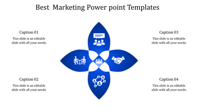 Slide featuring four blue petal shaped design with icons, surrounded by captions in white spaces.