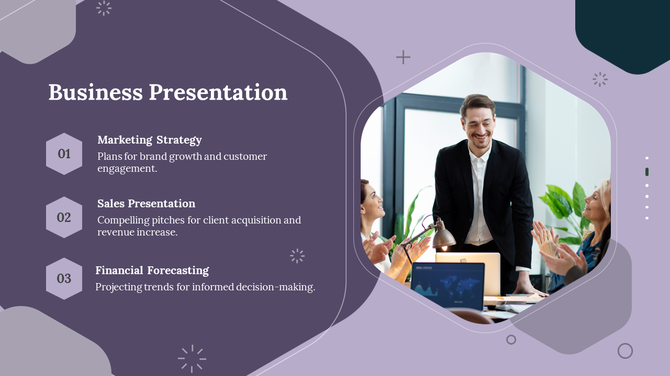 Business slide with three hexagonal list design, on a purple background, and a team discussion photo on the right.
