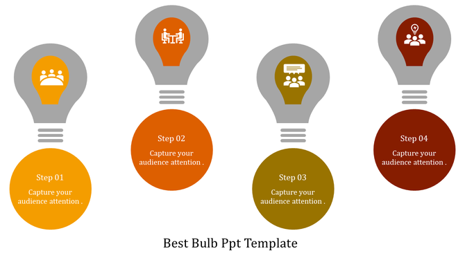 Infographic featuring four lightbulb icons with orange, brown, and gold bases, labeled Step 01 to Step 04.