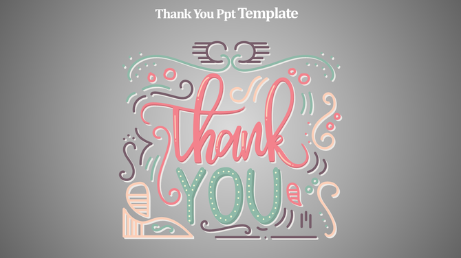 Stylized thank you text in pastel colors with decorative swirls and patterns on a gray gradient background.