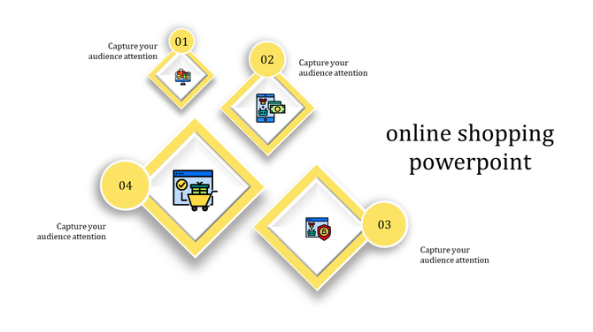 Interactive online shopping design featuring yellow diamond shapes and icons for cart, payment, and secure checkout.