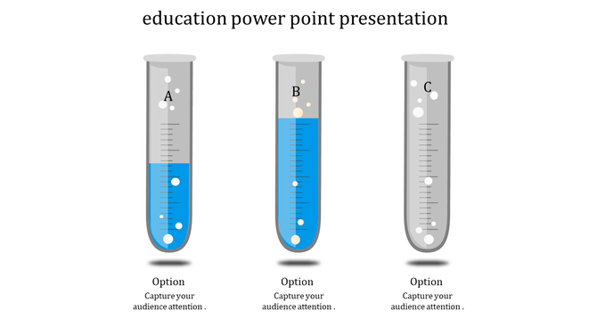 Slide featuring three test tubes labeled A, B, and C, partially filled with blue liquid and white bubbles.