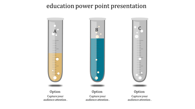 Three test tubes labeled A, B, and C, partially filled with yellow and blue liquid, on a white backdrop with captions below.
