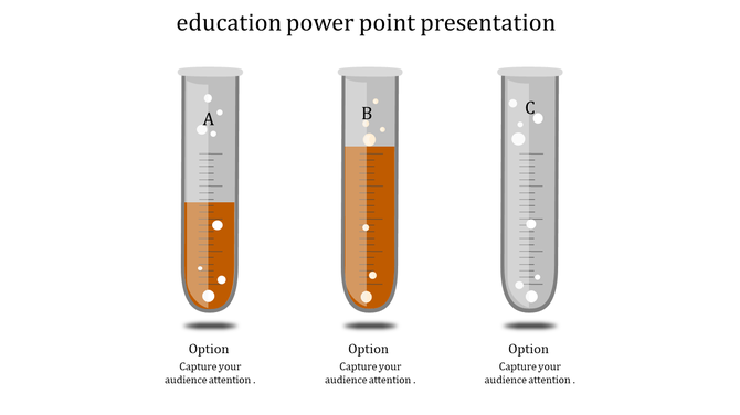 Three test tubes labeled A, B, and C, partially filled with orange liquid, on a white background with captions below.