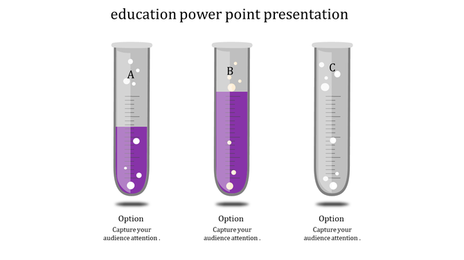 Educational PowerPoint slide with test tubes A, B, and C filled with purple liquid and options.