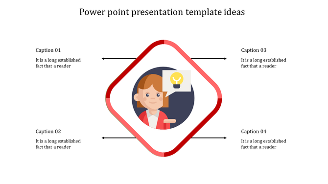 PowerPoint template featuring a creative design with arrows and a character holding an idea lightbulb.