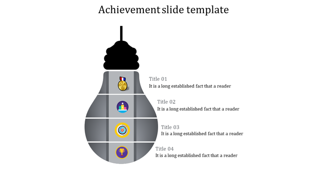 Gray light bulb shaped infographic with four sections featuring icons symbolizing achievements.