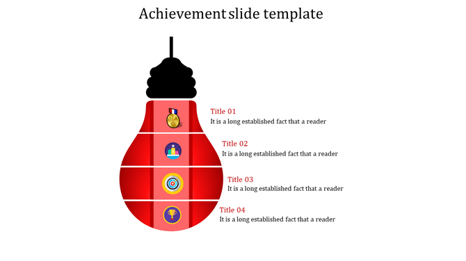 Achievement template with a red lightbulb shape divided into four sections featuring medal, podium, target, and trophy icons.