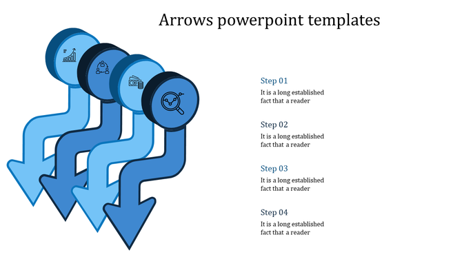 PowerPoint slide featuring four blue arrows, each with a corresponding icon and captions for each step.
