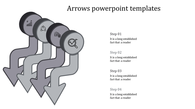 Grayscale arrow infographic has four steps, each represented by a circular icon and text captions.