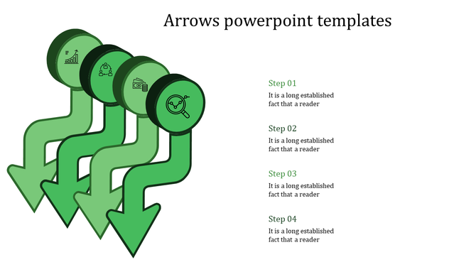 Green infographic with four downward arrows linked to circular icons, paired with numbered captions listed on the right.
