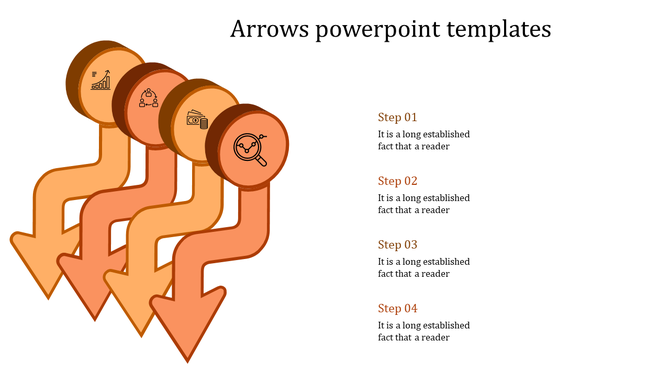 Stacked orange arrows pointing downward, each topped with circular icons representing data, teamwork, finance, and analytics.