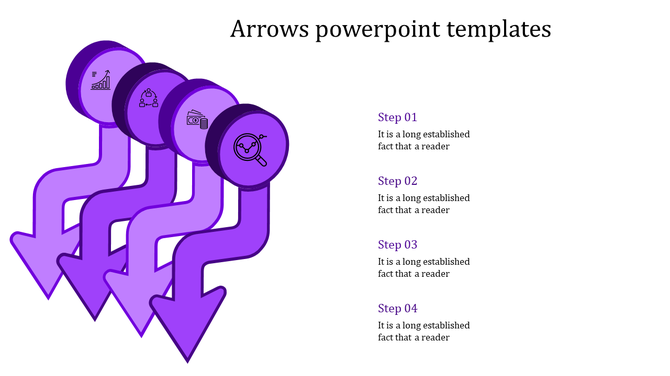 Purple infographic with four downward arrows linked to circular icons, paired with numbered captions listed on the right.