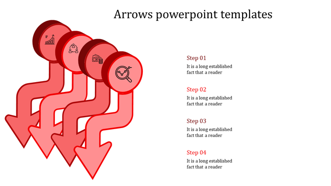 Downward arrow template featuring four steps with red circles and icons for process visualization.