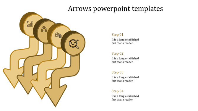Stacked golden arrows pointing downward, each topped with circular icons representing data, teamwork, finance, and analytics.