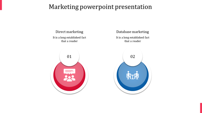Two-part infographic in red and blue representing direct and database marketing, each highlighted with captions and icons.