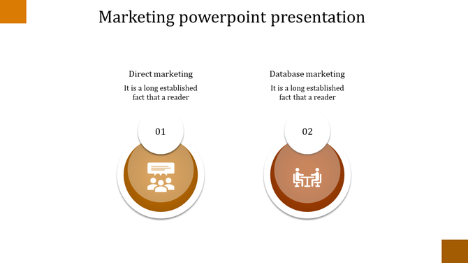 Simple marketing template with two brown circular sections for direct and database marketing, showing numbers and icons.