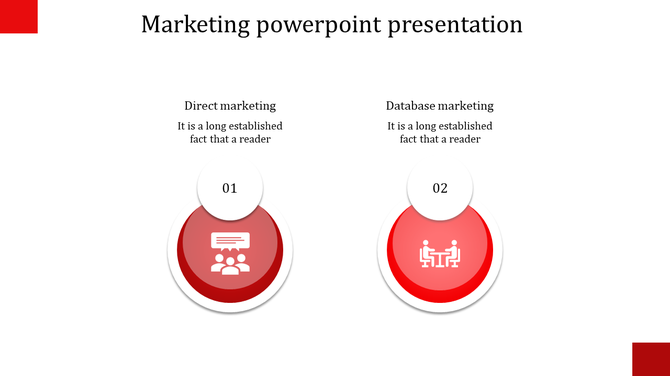Red themed marketing slide with two categories, each highlighted with icons, captions, and numbered labels 01 and 02.