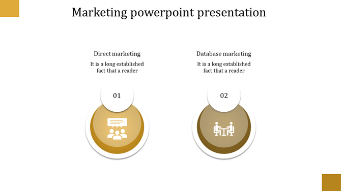 Yellow themed marketing diagram featuring numbered segments 01 and 02 for direct and database marketing approaches.