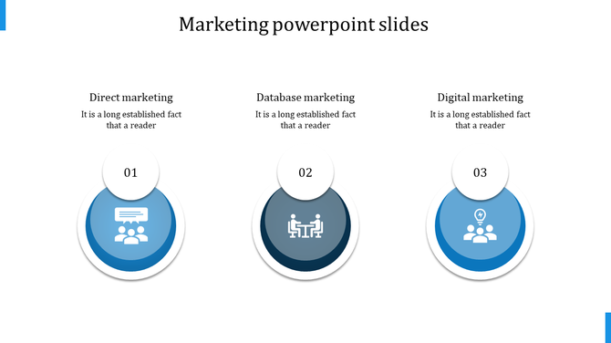 Marketing PowerPoint slide with three sections featuring icons and descriptions.
