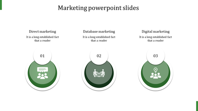 Three green circular infographics with white icons, each numbered, representing marketing concepts in a horizontal layout.