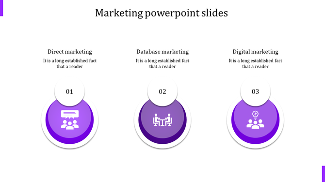 Marketing PPT slide showcasing three marketing types Direct, Database, and Digital with purple themed circular icons.