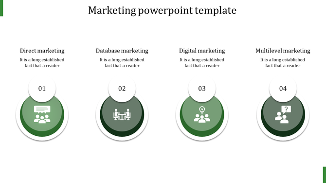 Four green circular infographics with white icons, each numbered, representing marketing concepts in a horizontal layout.