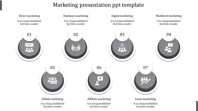 Marketing presentation template with seven gray circles highlighting different marketing types, such as direct and global.